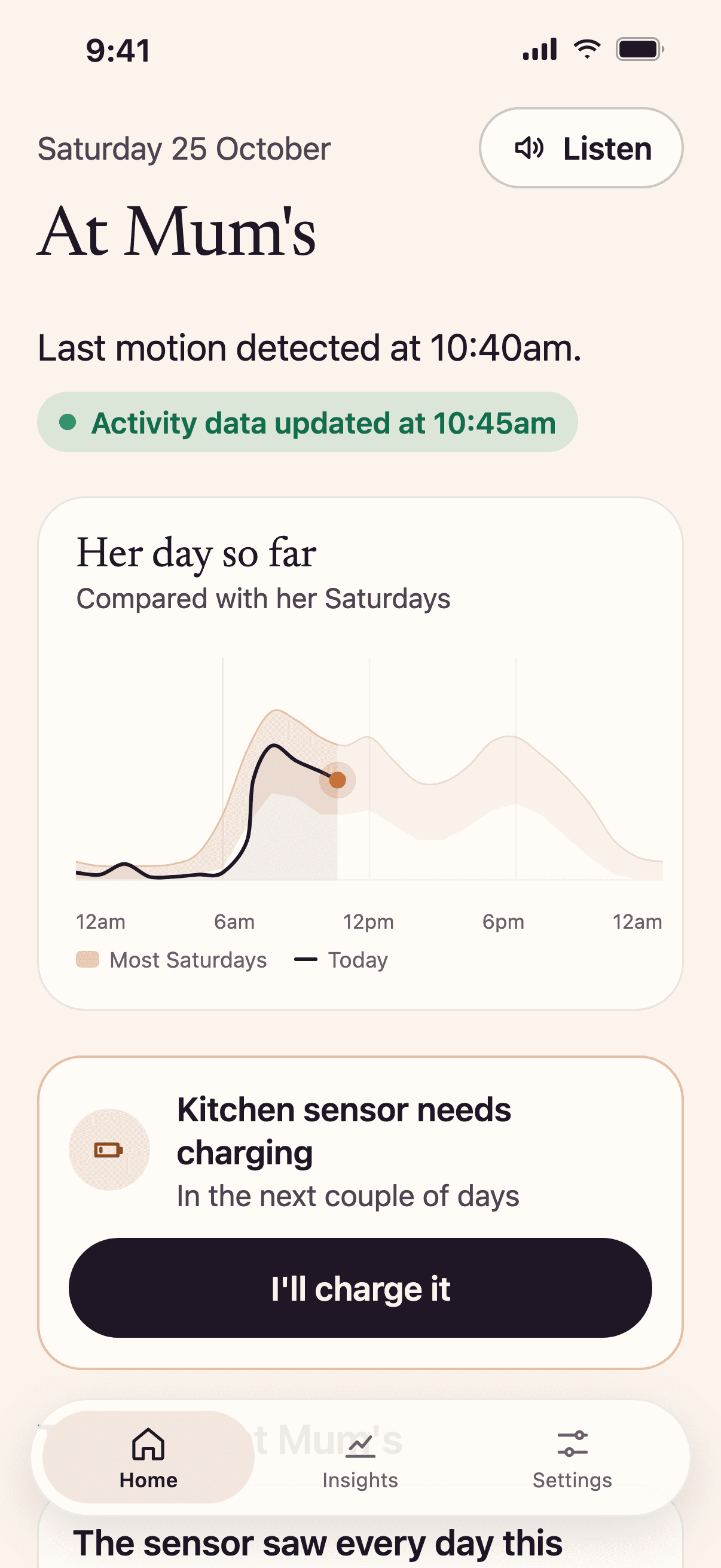 Aware app home screen, showing when motion was last detected