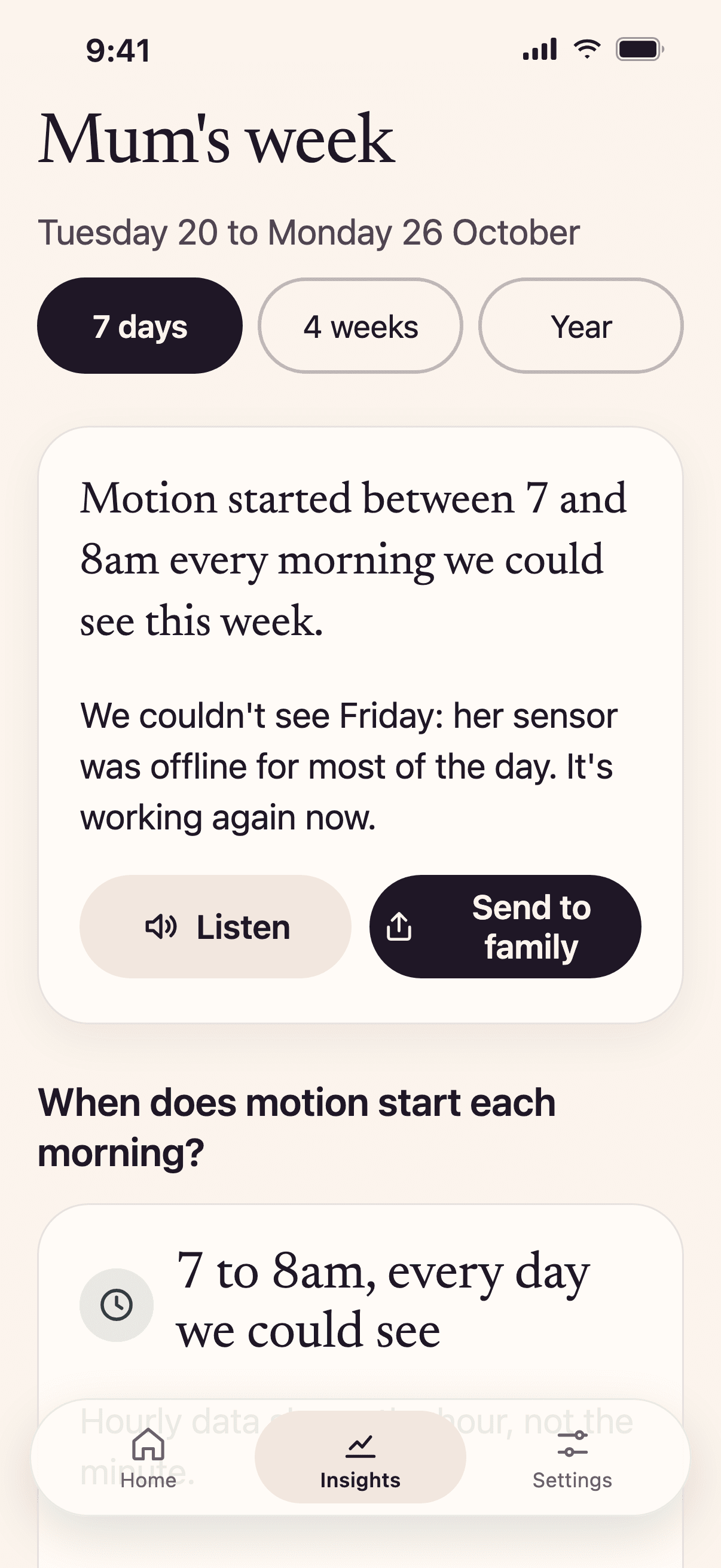 Aware app weekly summary showing when motion started each morning, with example data